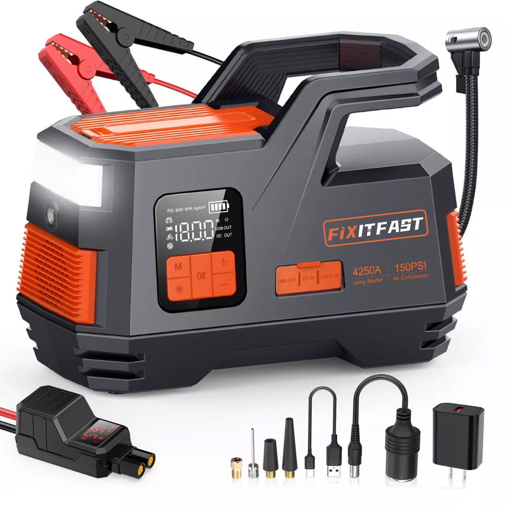 strong multi functional truck battery booster car energy storage portable jump starter diesel 3000a and air pump 4 in guangdong