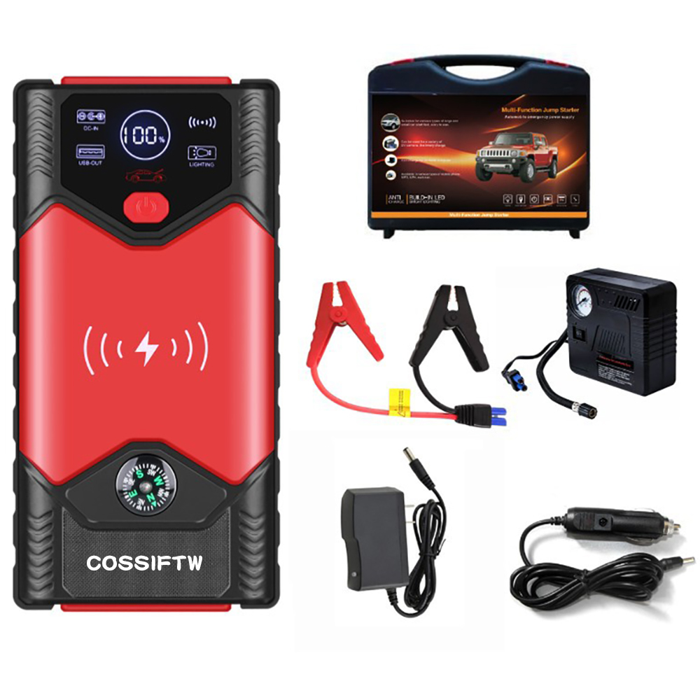 12V Jump Starter Battery Pack Wireless Charger,Portable Battery Jump Starter 59800mAh Power Bank Jumper with Air Compressor