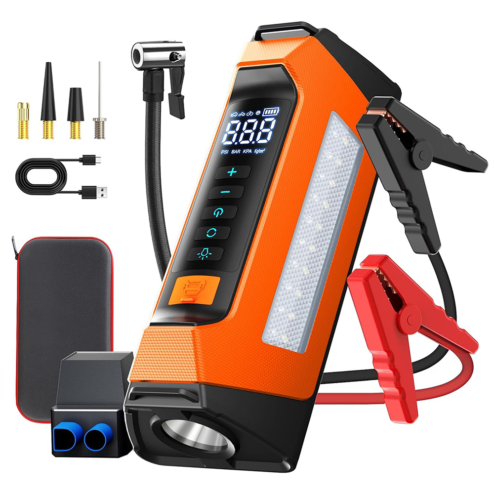 汽车跳跃起动机与空气压缩机6000一个800流明LED灯180psi便携式电池跳跃箱组合与LCD显示橙色