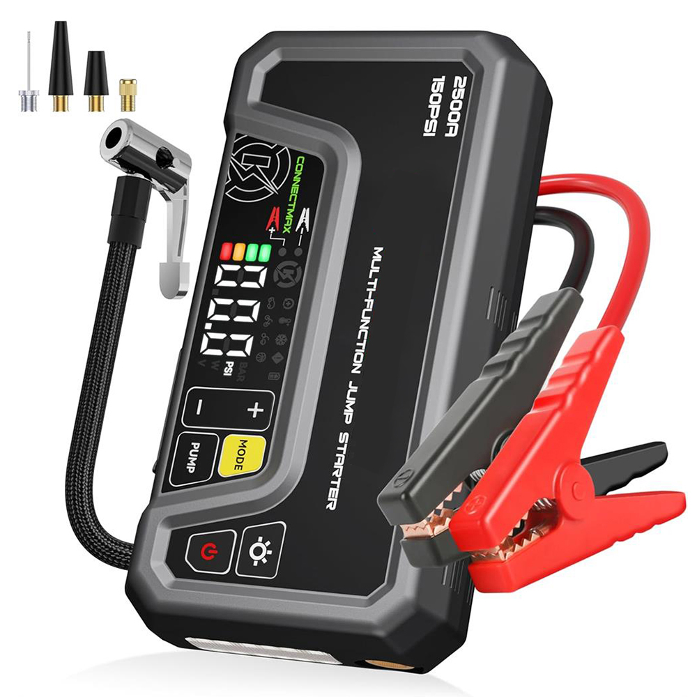 便携式跳跃起动器150psi轮胎充气机2500A12v汽车电池跳线自动关闭动态停留燃气柴油