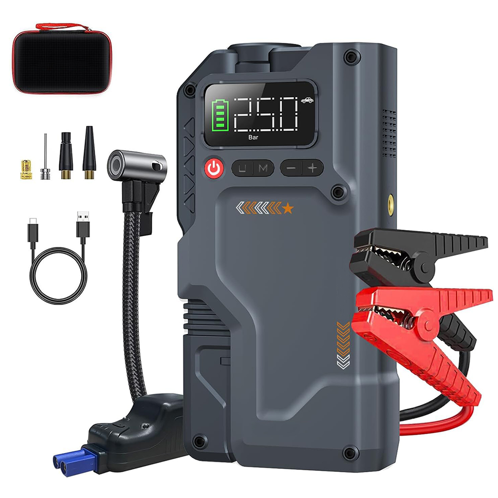 便携式12v超级电容器跳跃起动机与空气压缩机锂动力银行汽车起动机与汽车轮胎