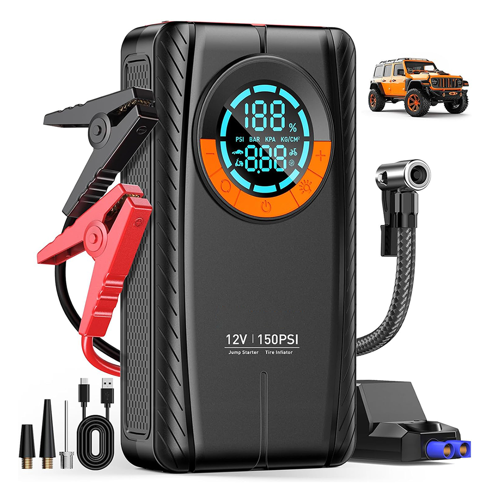 压缩机空气泵15000mah移动电源紧急跳跃起动器LED灯便携式轮胎充气机带LED显示屏